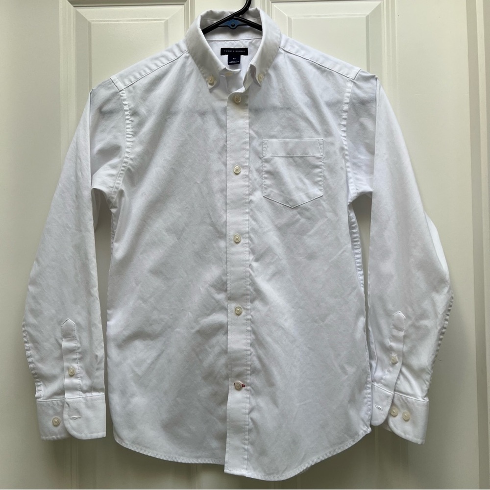 TOMMY HILFIGER FRONT POCKET PINPOINT OXFORD BUTTON UP COLLARED SHIRT WHITE 12